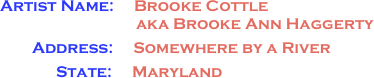 Artist Name:     Brooke Cottle
                                  aka Brooke Ann Haggerty
        Address:     Somewhere by a River
              State:     Maryland
